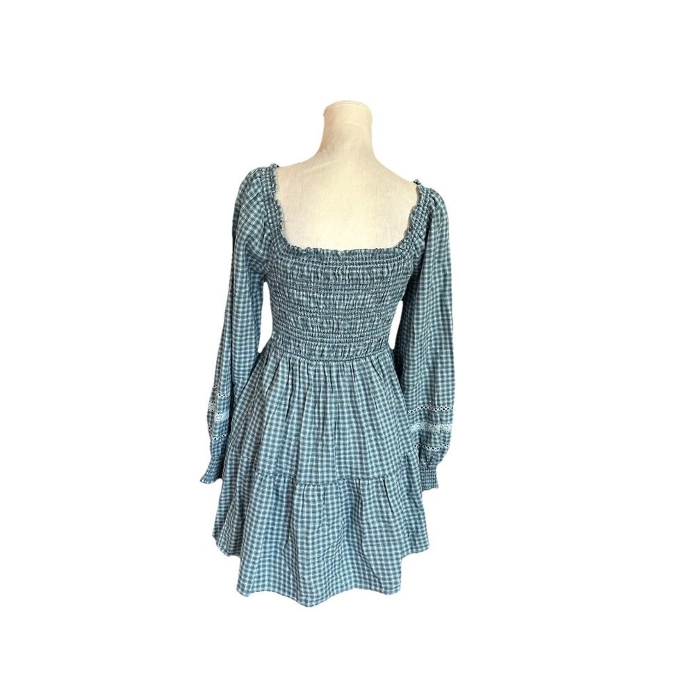 American Eagle Y2K Green Plaid Mini Peasant Dress Tiered Smocked Bust Sz S - Picture 4 of 8